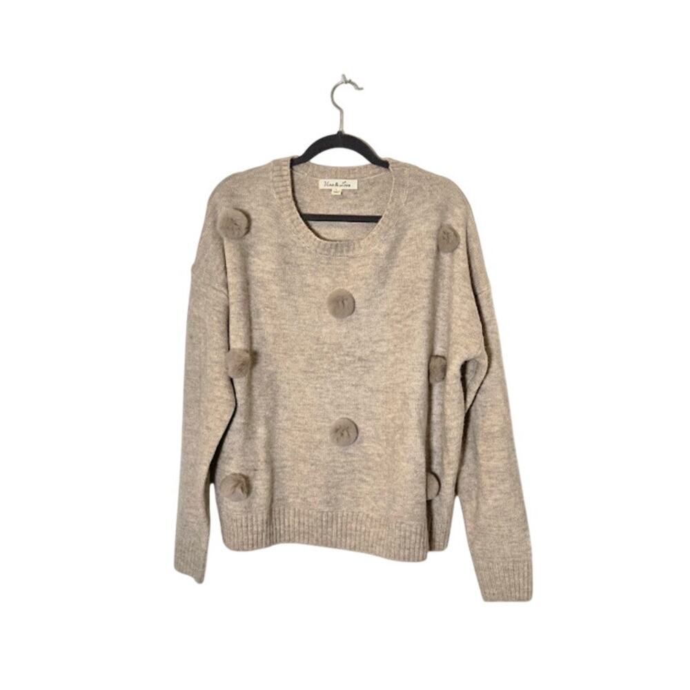 Vine & Love Womens Pullover Sweater Size Large Tan Pom Pom Preppy Coquette - Picture 1 of 9